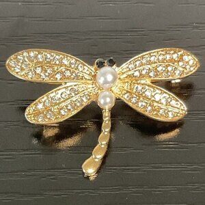 Gold-Tone Rhinestone & Faux Pearl Dragonfly Brooch